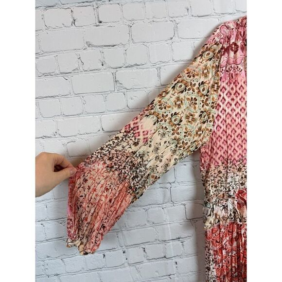 ZARA boho frill tasseled pink beige floral relaxed viscose tunic dress M NWOT - Picture 5 of 9